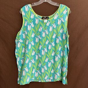 Vintage Bob Mackie Tank Top Womens Sz 1X Plus Wearable Art Aqua Tulip Silk